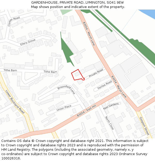 GARDENHOUSE, PRIVATE ROAD, LYMINGTON, SO41 9EW: Location map and indicative extent of plot