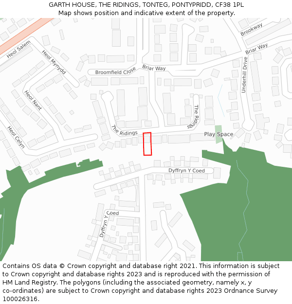 GARTH HOUSE, THE RIDINGS, TONTEG, PONTYPRIDD, CF38 1PL: Location map and indicative extent of plot