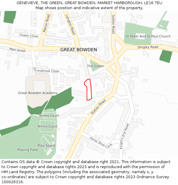 GENEVIEVE, THE GREEN, GREAT BOWDEN, MARKET HARBOROUGH, LE16 7EU: Location map and indicative extent of plot