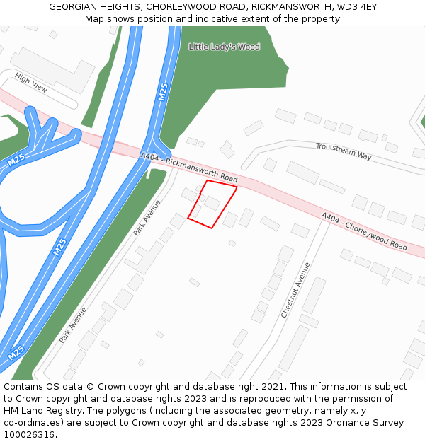 GEORGIAN HEIGHTS, CHORLEYWOOD ROAD, RICKMANSWORTH, WD3 4EY: Location map and indicative extent of plot