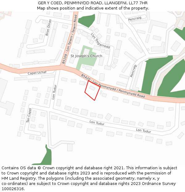 GER Y COED, PENMYNYDD ROAD, LLANGEFNI, LL77 7HR: Location map and indicative extent of plot