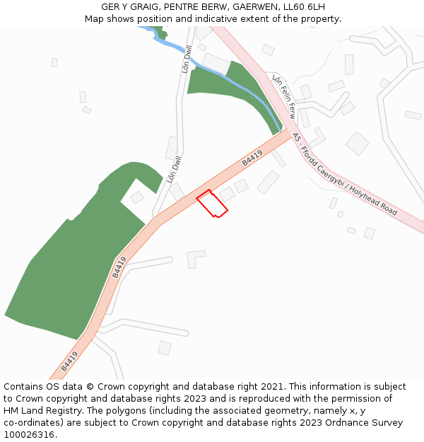 GER Y GRAIG, PENTRE BERW, GAERWEN, LL60 6LH: Location map and indicative extent of plot