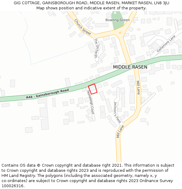 GIG COTTAGE, GAINSBOROUGH ROAD, MIDDLE RASEN, MARKET RASEN, LN8 3JU: Location map and indicative extent of plot