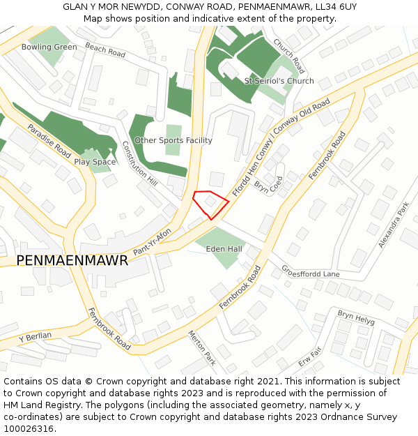GLAN Y MOR NEWYDD, CONWAY ROAD, PENMAENMAWR, LL34 6UY: Location map and indicative extent of plot