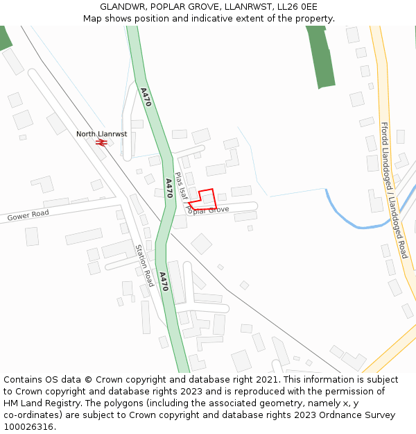 GLANDWR, POPLAR GROVE, LLANRWST, LL26 0EE: Location map and indicative extent of plot