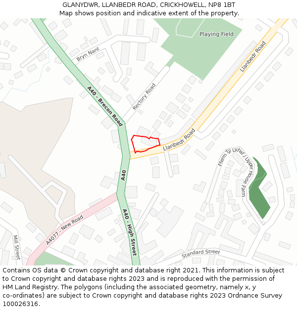 GLANYDWR, LLANBEDR ROAD, CRICKHOWELL, NP8 1BT: Location map and indicative extent of plot
