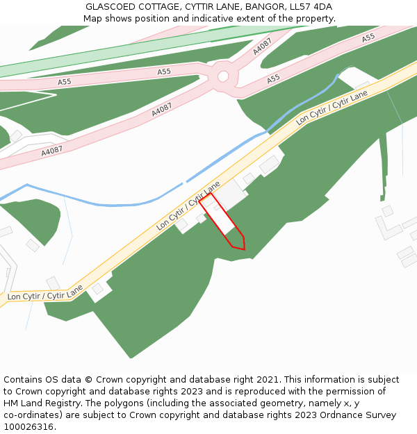 GLASCOED COTTAGE, CYTTIR LANE, BANGOR, LL57 4DA: Location map and indicative extent of plot