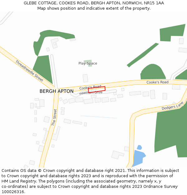 GLEBE COTTAGE, COOKES ROAD, BERGH APTON, NORWICH, NR15 1AA: Location map and indicative extent of plot