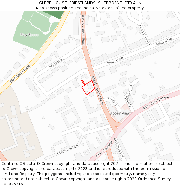 GLEBE HOUSE, PRIESTLANDS, SHERBORNE, DT9 4HN: Location map and indicative extent of plot