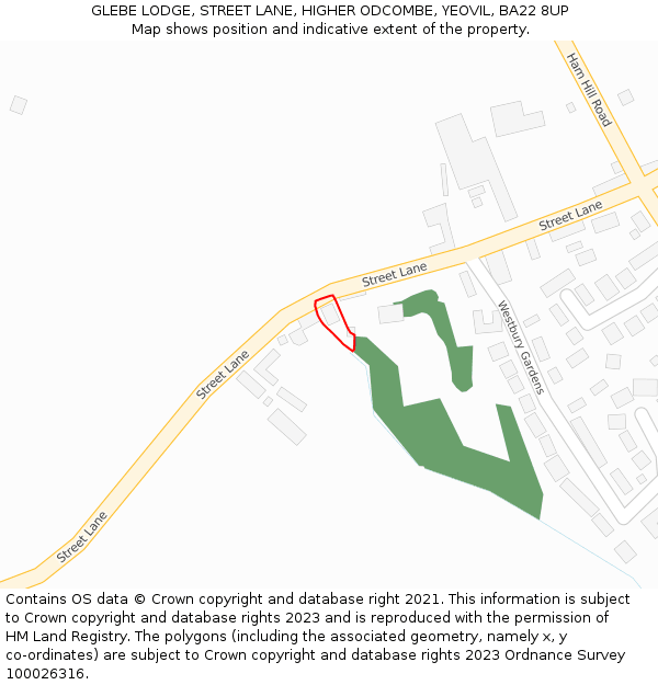 GLEBE LODGE, STREET LANE, HIGHER ODCOMBE, YEOVIL, BA22 8UP: Location map and indicative extent of plot