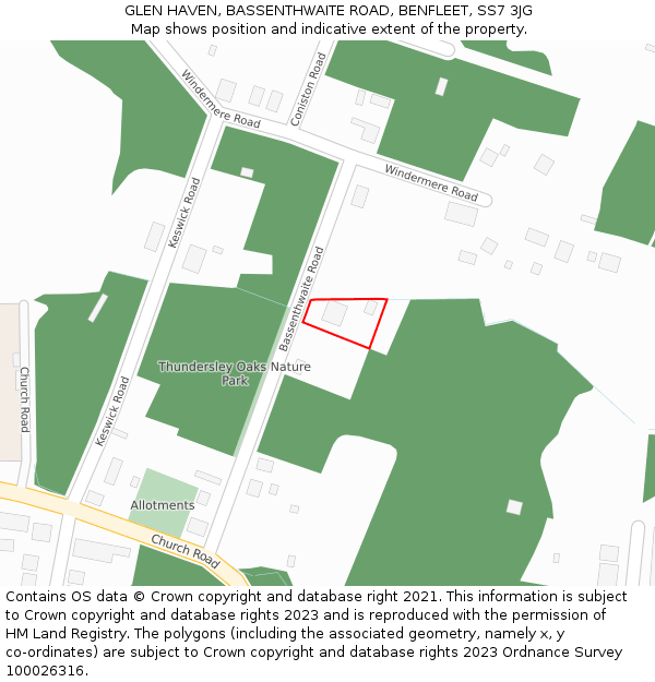GLEN HAVEN, BASSENTHWAITE ROAD, BENFLEET, SS7 3JG: Location map and indicative extent of plot