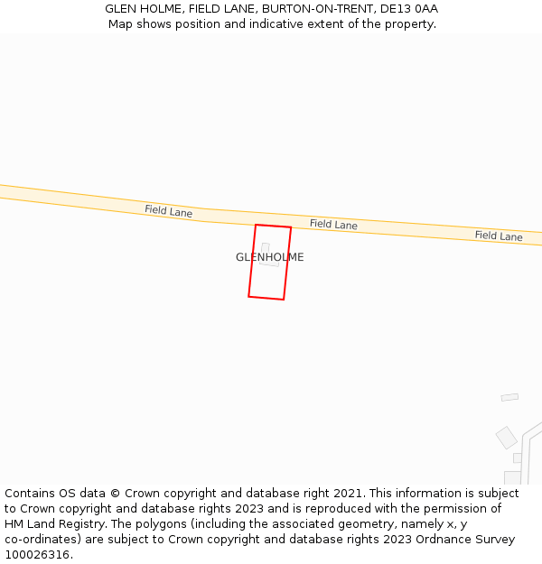 GLEN HOLME, FIELD LANE, BURTON-ON-TRENT, DE13 0AA: Location map and indicative extent of plot