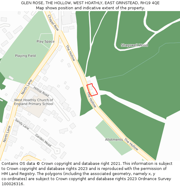 GLEN ROSE, THE HOLLOW, WEST HOATHLY, EAST GRINSTEAD, RH19 4QE: Location map and indicative extent of plot