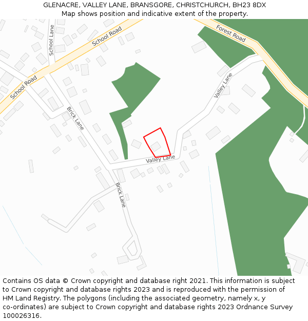 GLENACRE, VALLEY LANE, BRANSGORE, CHRISTCHURCH, BH23 8DX: Location map and indicative extent of plot