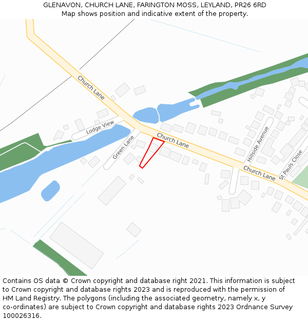 GLENAVON, CHURCH LANE, FARINGTON MOSS, LEYLAND, PR26 6RD: Location map and indicative extent of plot