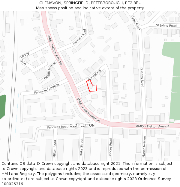 GLENAVON, SPRINGFIELD, PETERBOROUGH, PE2 8BU: Location map and indicative extent of plot