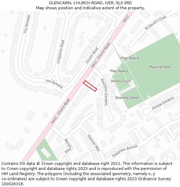 GLENCAIRN, CHURCH ROAD, IVER, SL0 0RD: Location map and indicative extent of plot