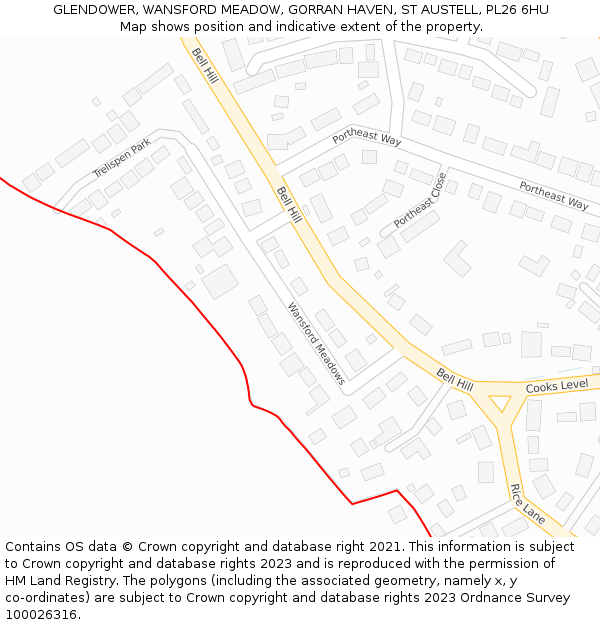 GLENDOWER, WANSFORD MEADOW, GORRAN HAVEN, ST AUSTELL, PL26 6HU: Location map and indicative extent of plot