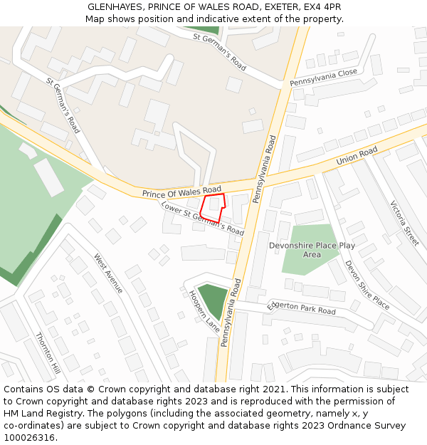 GLENHAYES, PRINCE OF WALES ROAD, EXETER, EX4 4PR: Location map and indicative extent of plot