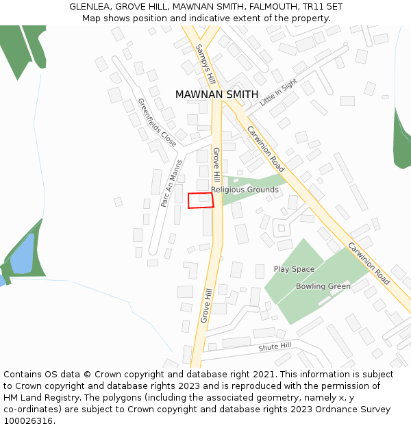 GLENLEA, GROVE HILL, MAWNAN SMITH, FALMOUTH, TR11 5ET: Location map and indicative extent of plot