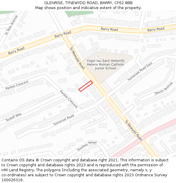 GLENRISE, TYNEWYDD ROAD, BARRY, CF62 8BB: Location map and indicative extent of plot