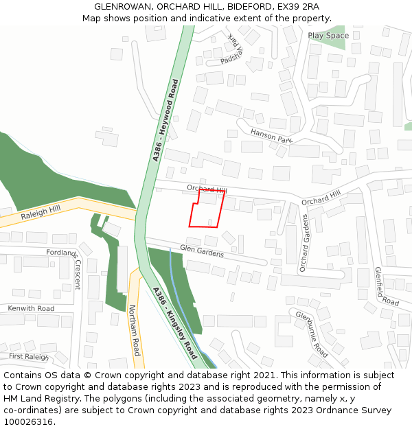 GLENROWAN, ORCHARD HILL, BIDEFORD, EX39 2RA: Location map and indicative extent of plot