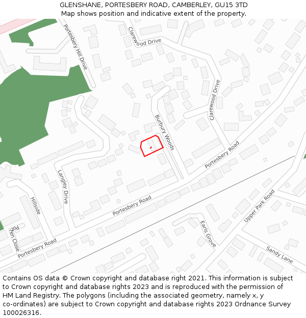 GLENSHANE, PORTESBERY ROAD, CAMBERLEY, GU15 3TD: Location map and indicative extent of plot