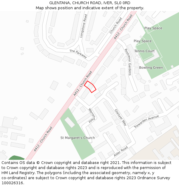 GLENTANA, CHURCH ROAD, IVER, SL0 0RD: Location map and indicative extent of plot