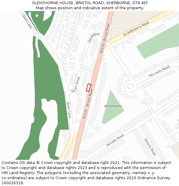 GLENTHORNE HOUSE, BRISTOL ROAD, SHERBORNE, DT9 4EF: Location map and indicative extent of plot