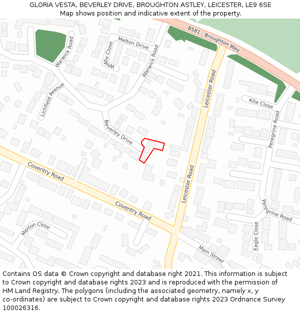 GLORIA VESTA, BEVERLEY DRIVE, BROUGHTON ASTLEY, LEICESTER, LE9 6SE: Location map and indicative extent of plot
