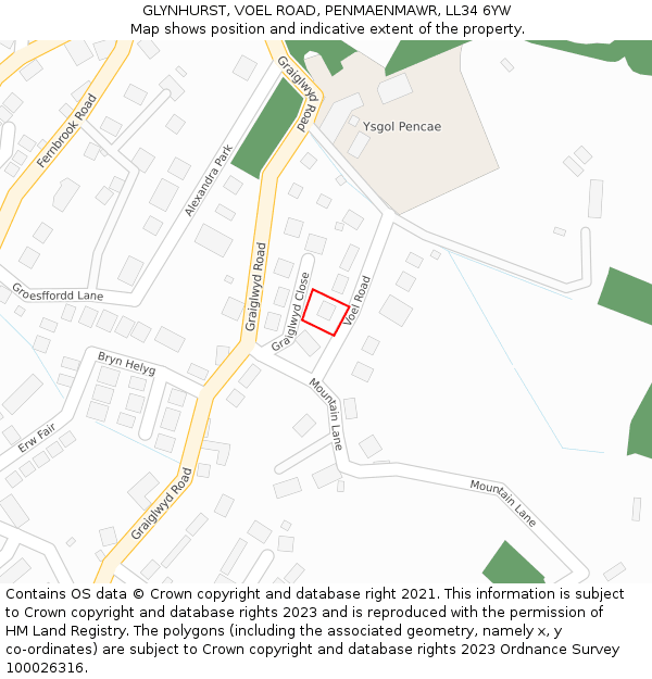 GLYNHURST, VOEL ROAD, PENMAENMAWR, LL34 6YW: Location map and indicative extent of plot