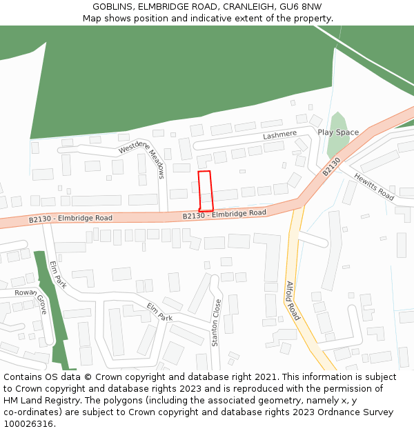 GOBLINS, ELMBRIDGE ROAD, CRANLEIGH, GU6 8NW: Location map and indicative extent of plot