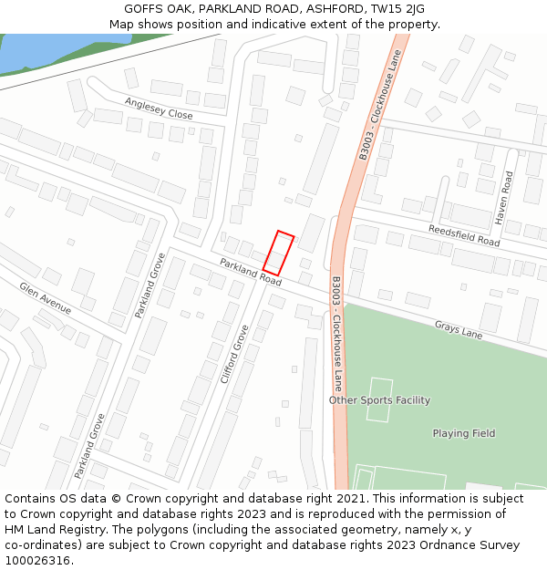 GOFFS OAK, PARKLAND ROAD, ASHFORD, TW15 2JG: Location map and indicative extent of plot
