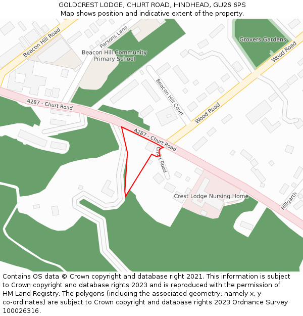 GOLDCREST LODGE, CHURT ROAD, HINDHEAD, GU26 6PS: Location map and indicative extent of plot