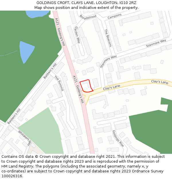 GOLDINGS CROFT, CLAYS LANE, LOUGHTON, IG10 2RZ: Location map and indicative extent of plot