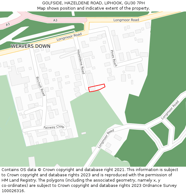 GOLFSIDE, HAZELDENE ROAD, LIPHOOK, GU30 7PH: Location map and indicative extent of plot