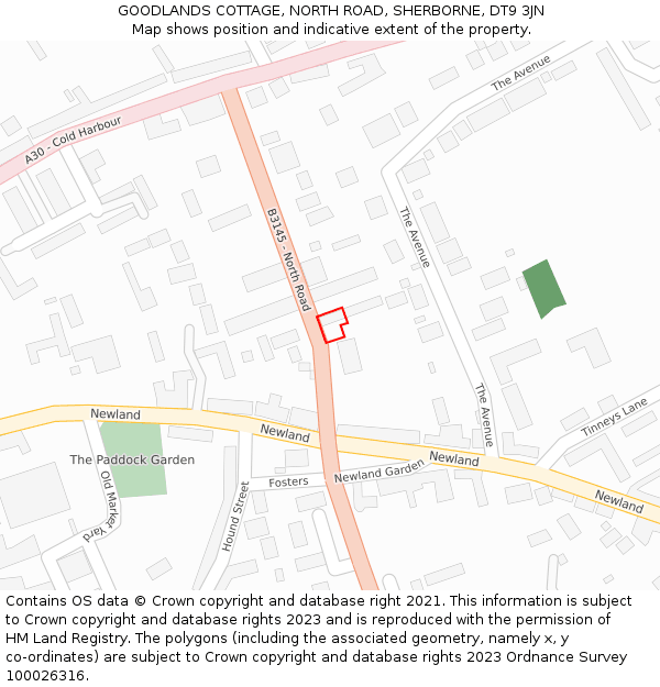 GOODLANDS COTTAGE, NORTH ROAD, SHERBORNE, DT9 3JN: Location map and indicative extent of plot