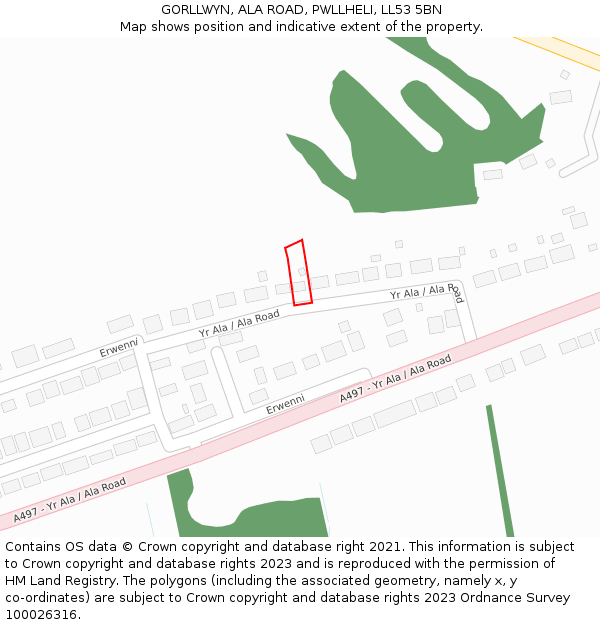 GORLLWYN, ALA ROAD, PWLLHELI, LL53 5BN: Location map and indicative extent of plot
