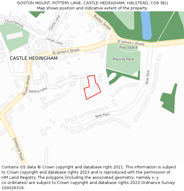 GOSTON MOUNT, POTTERY LANE, CASTLE HEDINGHAM, HALSTEAD, CO9 3EU: Location map and indicative extent of plot