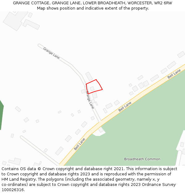 GRANGE COTTAGE, GRANGE LANE, LOWER BROADHEATH, WORCESTER, WR2 6RW: Location map and indicative extent of plot