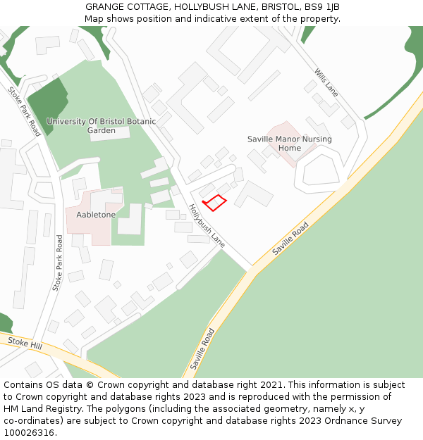 GRANGE COTTAGE, HOLLYBUSH LANE, BRISTOL, BS9 1JB: Location map and indicative extent of plot