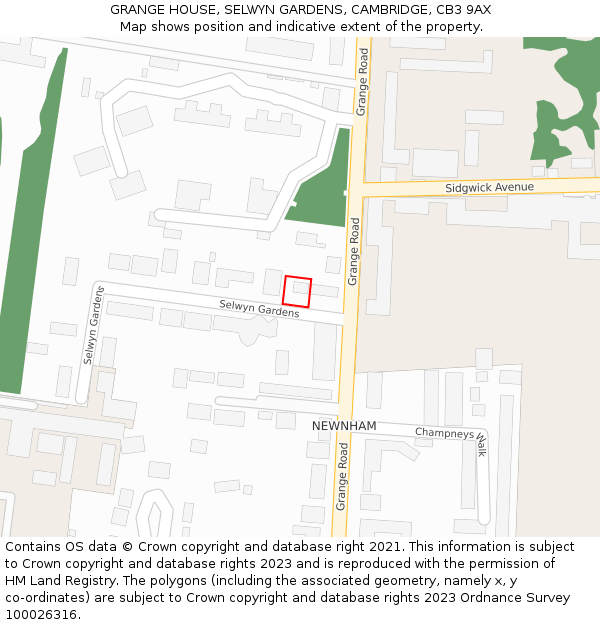 GRANGE HOUSE, SELWYN GARDENS, CAMBRIDGE, CB3 9AX: Location map and indicative extent of plot