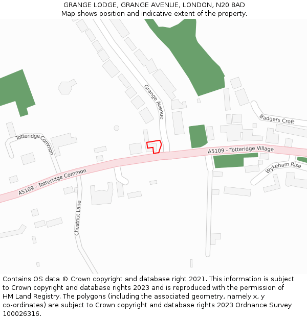 GRANGE LODGE, GRANGE AVENUE, LONDON, N20 8AD: Location map and indicative extent of plot