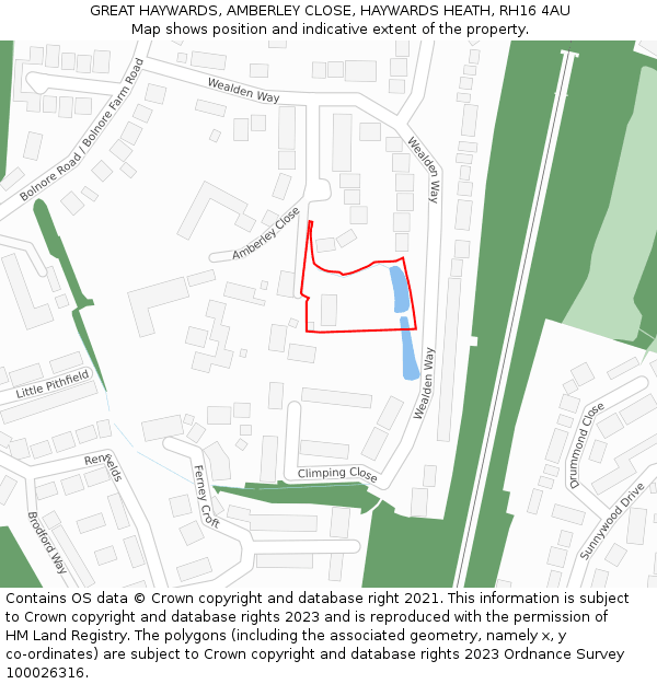 GREAT HAYWARDS, AMBERLEY CLOSE, HAYWARDS HEATH, RH16 4AU: Location map and indicative extent of plot
