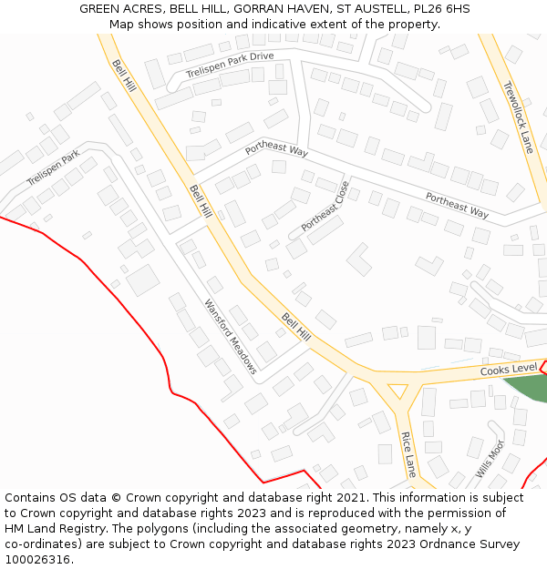 GREEN ACRES, BELL HILL, GORRAN HAVEN, ST AUSTELL, PL26 6HS: Location map and indicative extent of plot