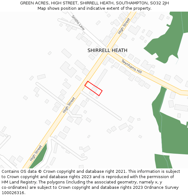 GREEN ACRES, HIGH STREET, SHIRRELL HEATH, SOUTHAMPTON, SO32 2JH: Location map and indicative extent of plot