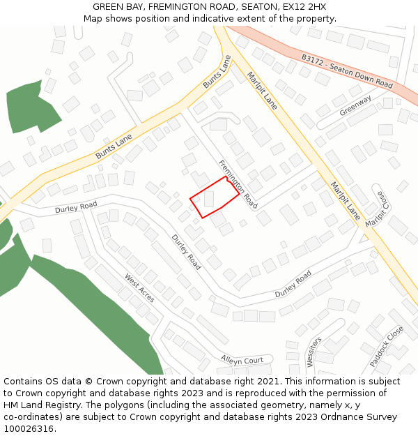 GREEN BAY, FREMINGTON ROAD, SEATON, EX12 2HX: Location map and indicative extent of plot