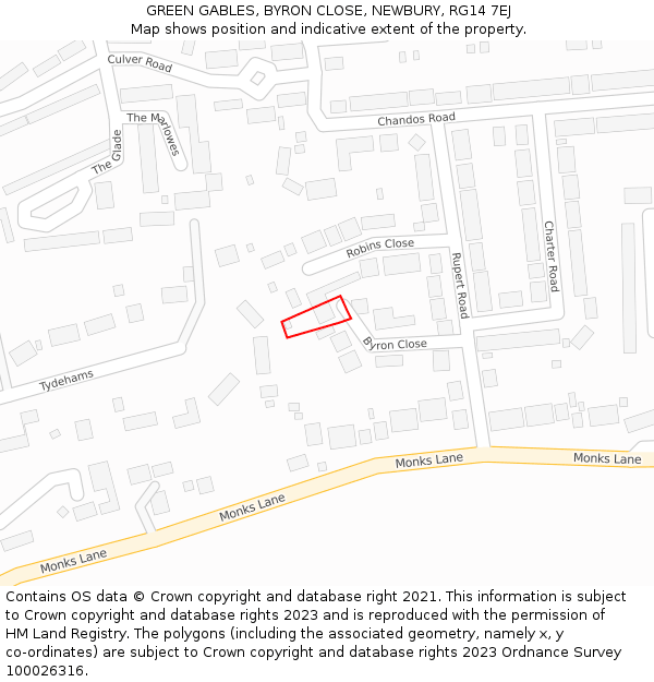 GREEN GABLES, BYRON CLOSE, NEWBURY, RG14 7EJ: Location map and indicative extent of plot