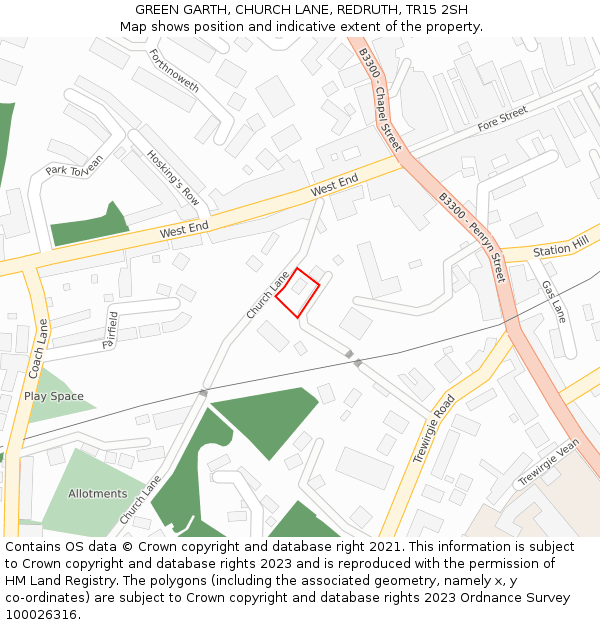 GREEN GARTH, CHURCH LANE, REDRUTH, TR15 2SH: Location map and indicative extent of plot