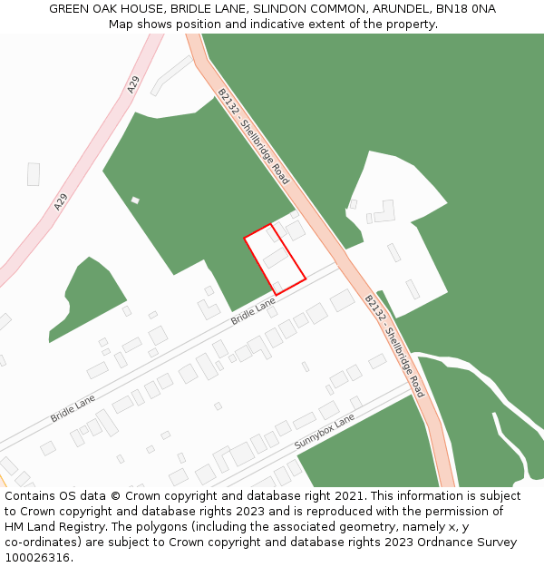 GREEN OAK HOUSE, BRIDLE LANE, SLINDON COMMON, ARUNDEL, BN18 0NA: Location map and indicative extent of plot